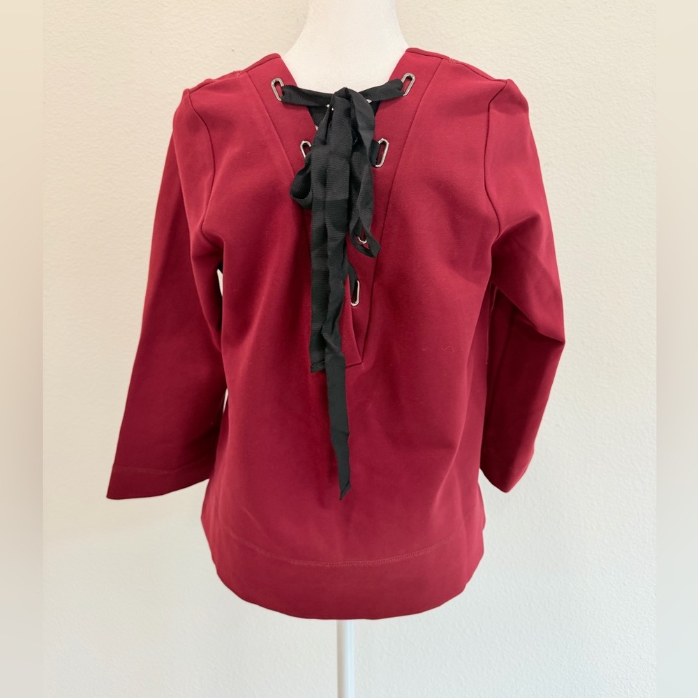 FRNCH Paris Maroon 3/4 Sleeve Top Ribbon Lace-Up Back NWT Women’s Size M/L Work - Picture 4 of 8